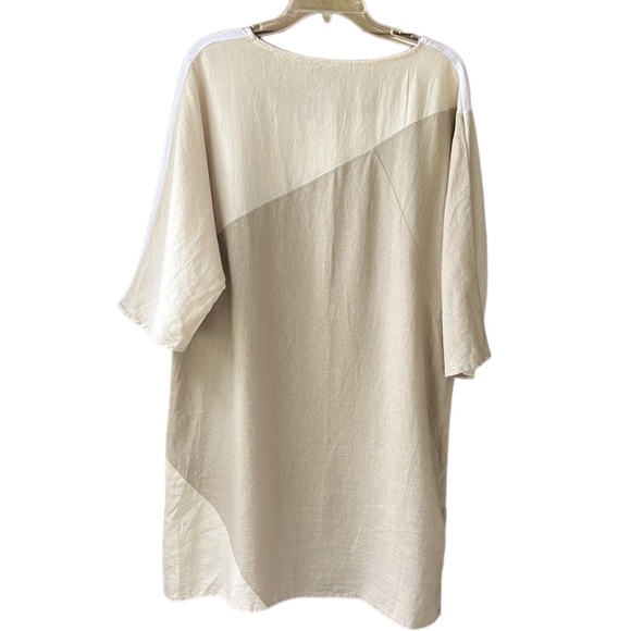 For Cynthia Sz L Linen Blend Color Block Lagenlook Shirt Dress Cream Tan - Picture 8 of 8